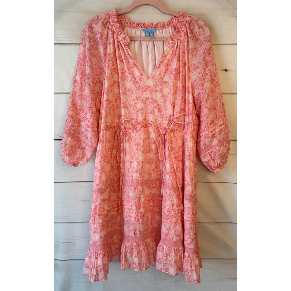 Draper James Pink Paisley Cotton Mini Dress Lace Trim Ruffle Neck L DRW1125